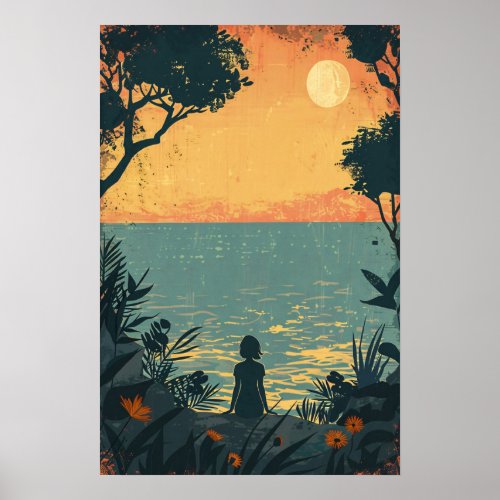 Vintage Girl Silhouette Under the Moon Poster