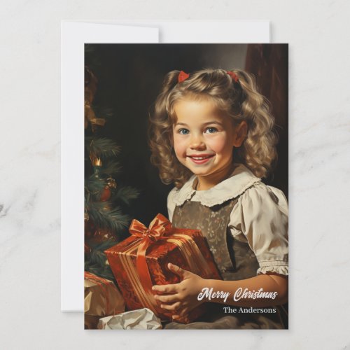 Vintage girl smiling with Christmas present  Holiday Card