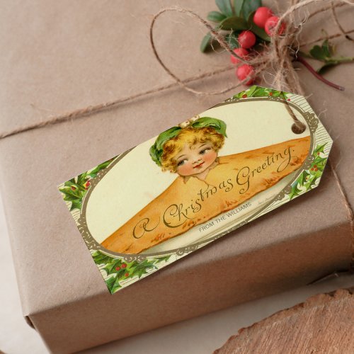 Vintage girl surprise pop up in Christmas pie Gift Tags