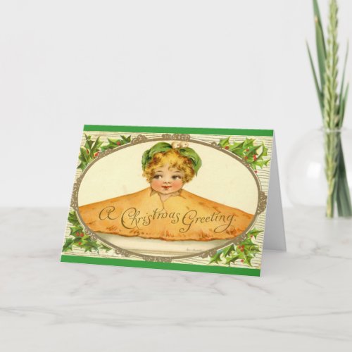 Vintage girl surprise pop up in Christmas pie Holiday Card