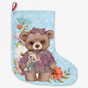 Vintage Girl Teddy Bear with doll on blue Large Christmas Stocking