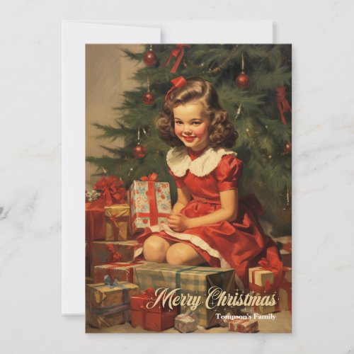 Vintage girl to a Christmas tree with presents Holiday Card