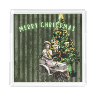 Vintage Girl & Tree Holiday Scene Acrylic Tray