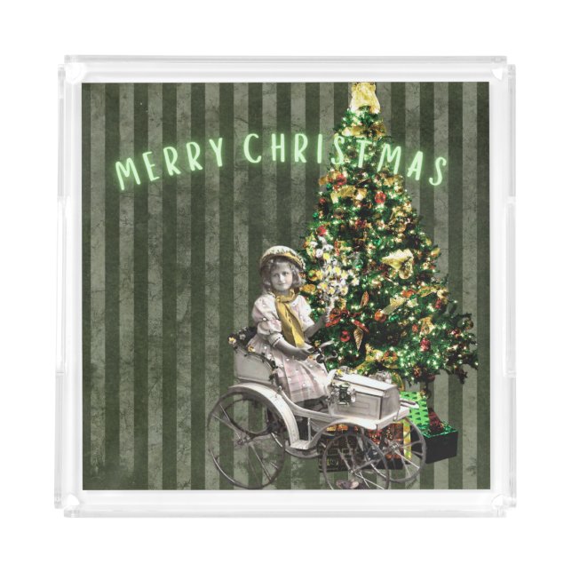 Vintage Girl & Tree Holiday Scene Acrylic Tray (Front)