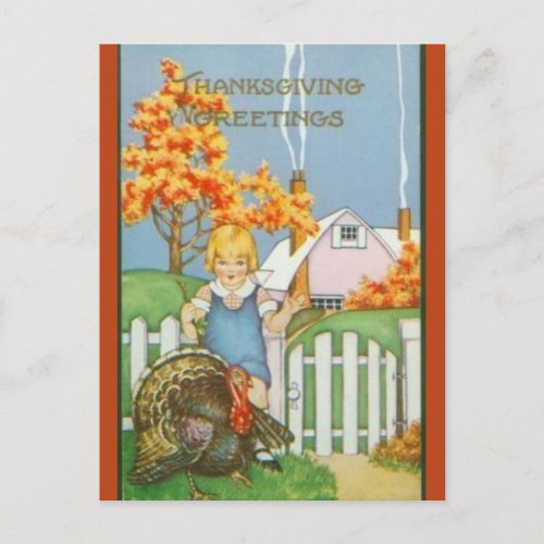 Vintage Girl Turkey and Pink House Thanksgiving Postcard