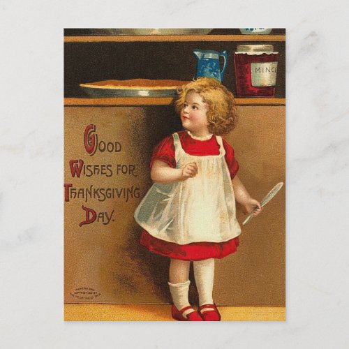 Vintage Girl Waiting For Thanksgiving Pie Holiday Postcard