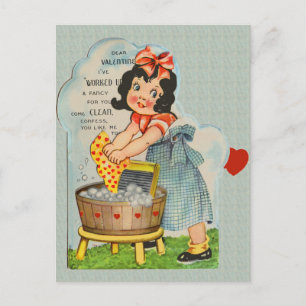 Vintage Girl Washing Clothes Valentine Postcard