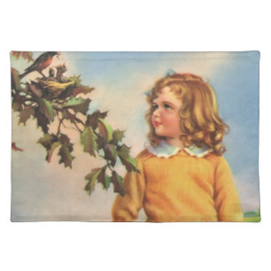 Vintage Girl Watching Birds in a Tree, Spring Cloth Placemat
