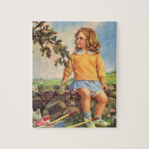 Vintage Girl Watching Birds in a Tree, Spring Jigsaw Puzzle