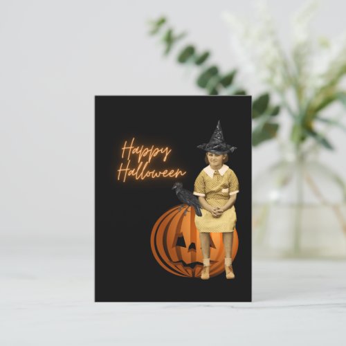 Vintage Girl Witch Halloween  Postcard