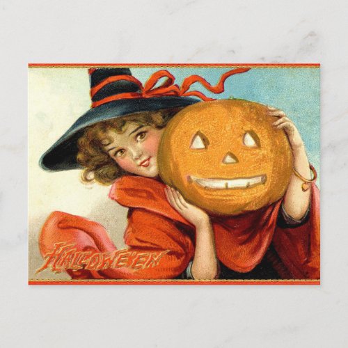 Vintage Girl Witch Pumpkin Halloween Postcard