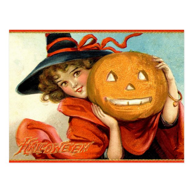 Vintage Girl Witch Pumpkin Halloween Postcard