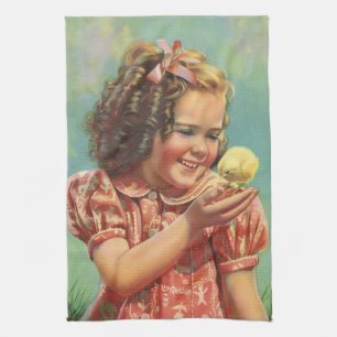 Vintage Girl with Baby Chick, Happy Child Smiling Kitchen Towel
