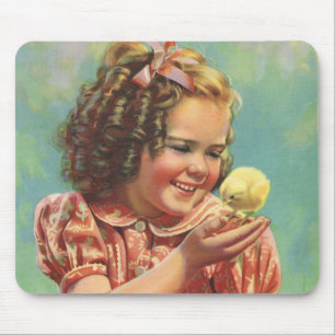 Vintage Girl with Baby Chick, Happy Child Smiling Mouse Pad