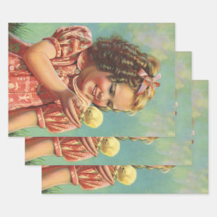 Vintage Girl with Baby Chick, Happy Child Smiling Wrapping Paper Sheets