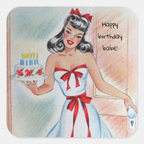 Vintage Girl With Birthday Cake Square Sticker