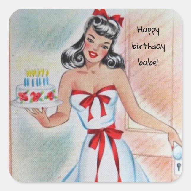 Vintage Girl With Birthday Cake Square Sticker (Front)