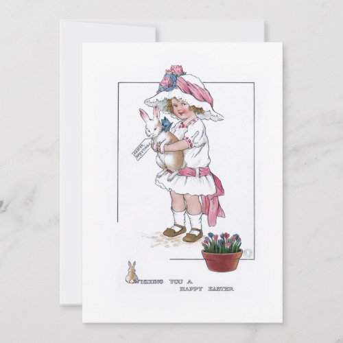 Vintage Girl with Bonnet and Easter Bunny Holiday Card