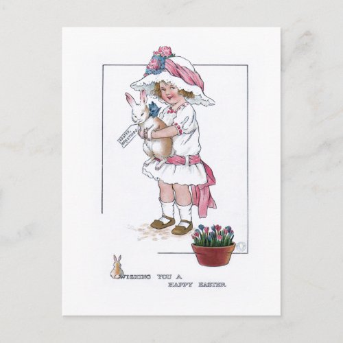 Vintage Girl with Bonnet and Easter Bunny Postcard