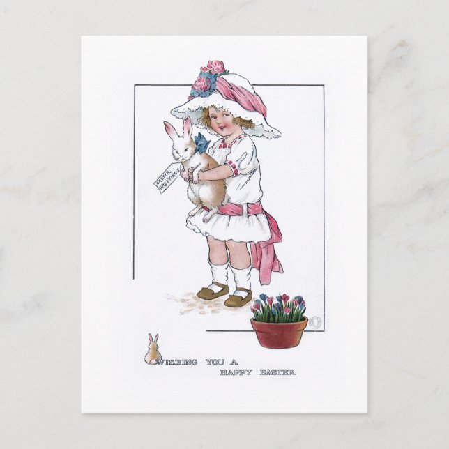 Vintage Girl with Bonnet and Easter Bunny Postcard (Front)