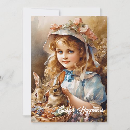 Vintage girl with bonnet and two rabbits in basket holiday card