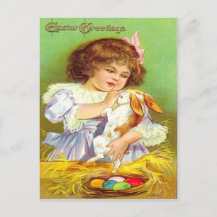 Vintage Girl With Bunny & Easter Eggs Easter Card