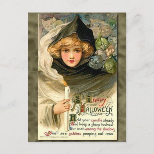 Vintage Girl with Candles Girl and Goblins Holiday Postcard