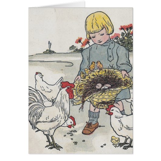 Vintage Girl With Chickens, E is an Egg Cards (Front)