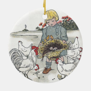 Vintage Girl With Chickens, E is an Egg Ceramic Ornament