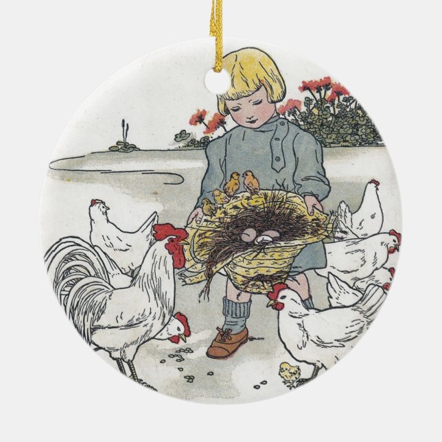 Vintage Girl With Chickens, E is an Egg Ceramic Ornament (Back)