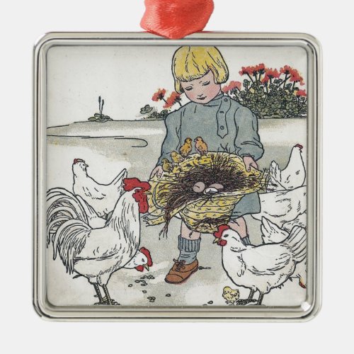 Vintage Girl With Chickens E is an Egg Metal Ornament