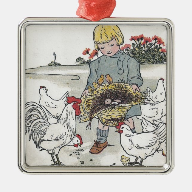 Vintage Girl With Chickens, E is an Egg Metal Ornament (Front)
