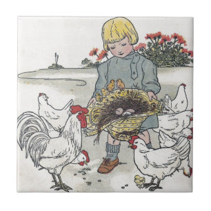 Vintage Girl With Chickens, E is an Egg Tile