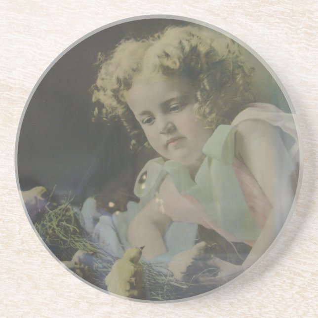 Vintage Girl With Chicks Sandstone Coaster (Front)