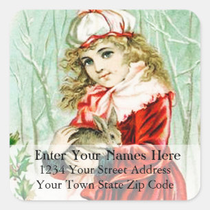 Vintage Girl With Christmas Rabbit Address Label