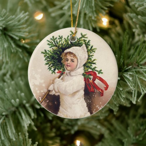 Vintage Girl with Christmas Tree Ellen Clapsaddle Ceramic Ornament