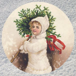 Vintage Girl with Christmas Tree, Ellen Clapsaddle Classic Round Sticker<br><div class="desc">Vintage illustration Christmas holiday design featuring a young girl wearing a fur coat carrying a Christmas tree. Light snow is falling. May You Have a Merry Christmas by Ellen Clapsaddle. 1909.</div>