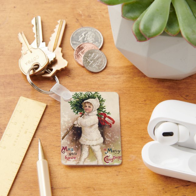 Vintage Girl with Christmas Tree, Ellen Clapsaddle Keychain (Desk)