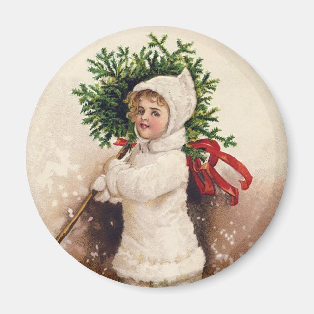 Vintage Girl with Christmas Tree, Ellen Clapsaddle Magnet (Front)