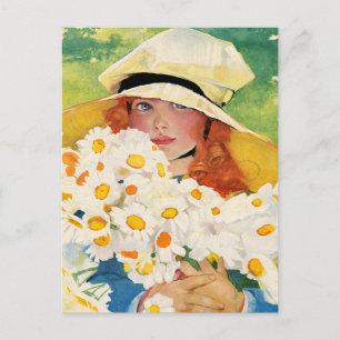 Vintage Girl with Daisies Holiday Postcard