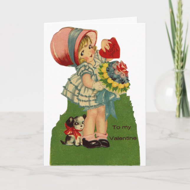 Vintage Girl With Dog Valentine Greeting Card (Front)
