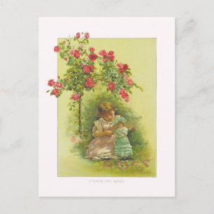 Vintage Girl with Doll under Roses Color Postcard
