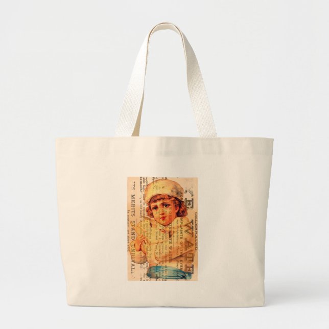 Vintage Girl With Dove and Ads Large Tote Bag (Front)