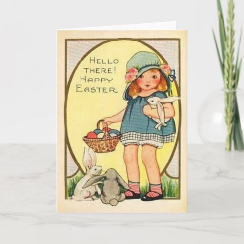 Vintage Girl With Easter Bunnies  Eggs Easter Car Holiday Card