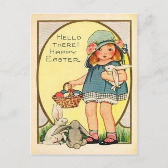 Vintage Girl With Easter Bunnies & Eggs Easter Holiday Postcard