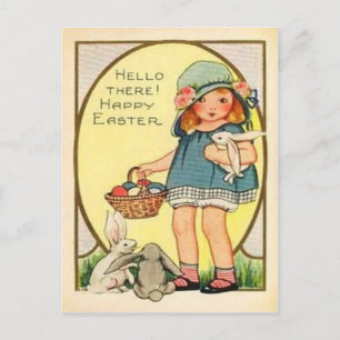 Vintage Girl With Easter Bunnies & Eggs Easter Holiday Postcard