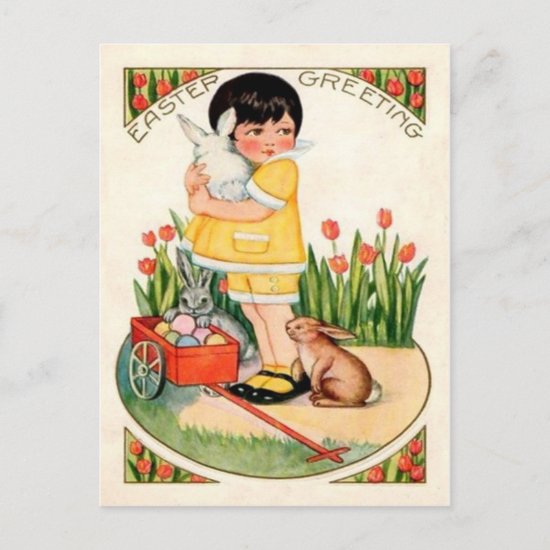 Vintage Girl With Easter Bunnies & Eggs Easter Holiday Postcard