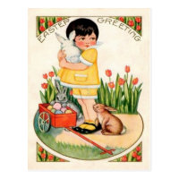 Vintage Girl With Easter Bunnies & Eggs Easter Postcard