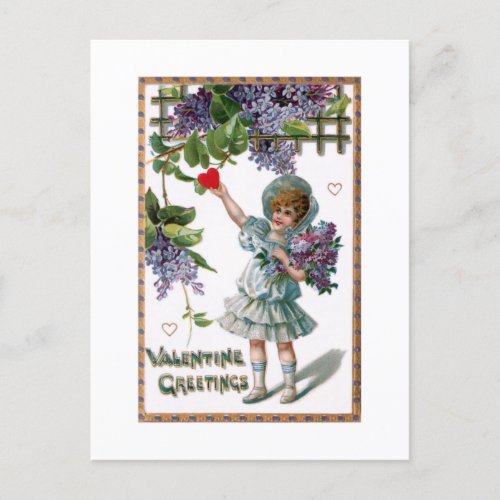 Vintage Girl with Flowers and Valentine Greeting Postcard