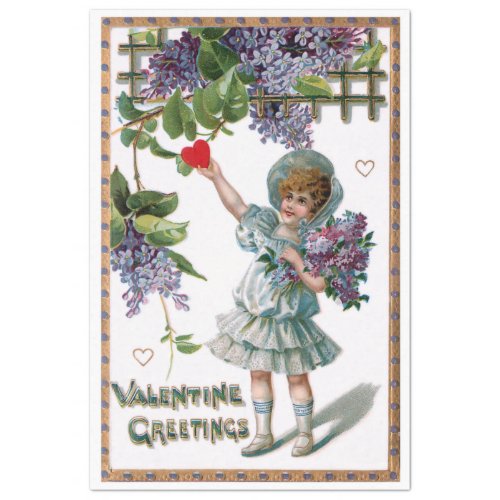 Vintage Girl with Flowers and Valentine Greeting Tissue Paper